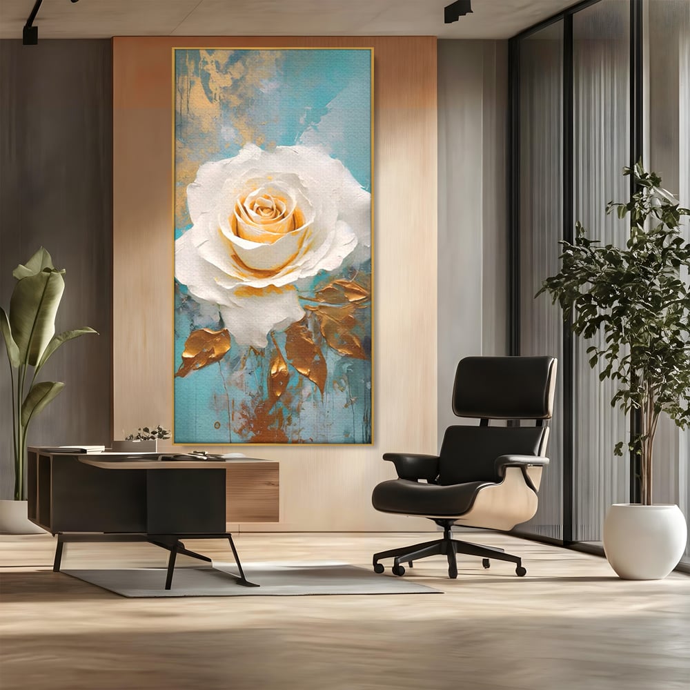 Tablou canvas cu tablou canvas cu trandafir alb, in rama de aluminiu auriu, pe perete intr-un birou